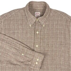 Brooks Brothers Sz Mens M Beige Tan Plaid Irish Linen Button-Down Long-Sleeve